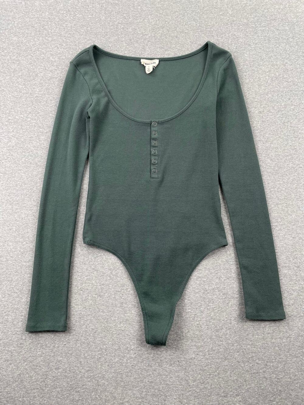 Open Edit Henley Bodysuit Top Womens S Green Long Sleeve Rib Knit Organic Cotton
